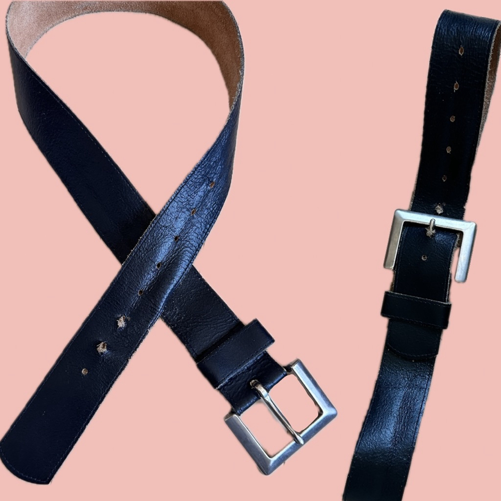 Vintage Made in Canada Thick Black Leather Belt Wide Heavy Duty Silver Buckle
